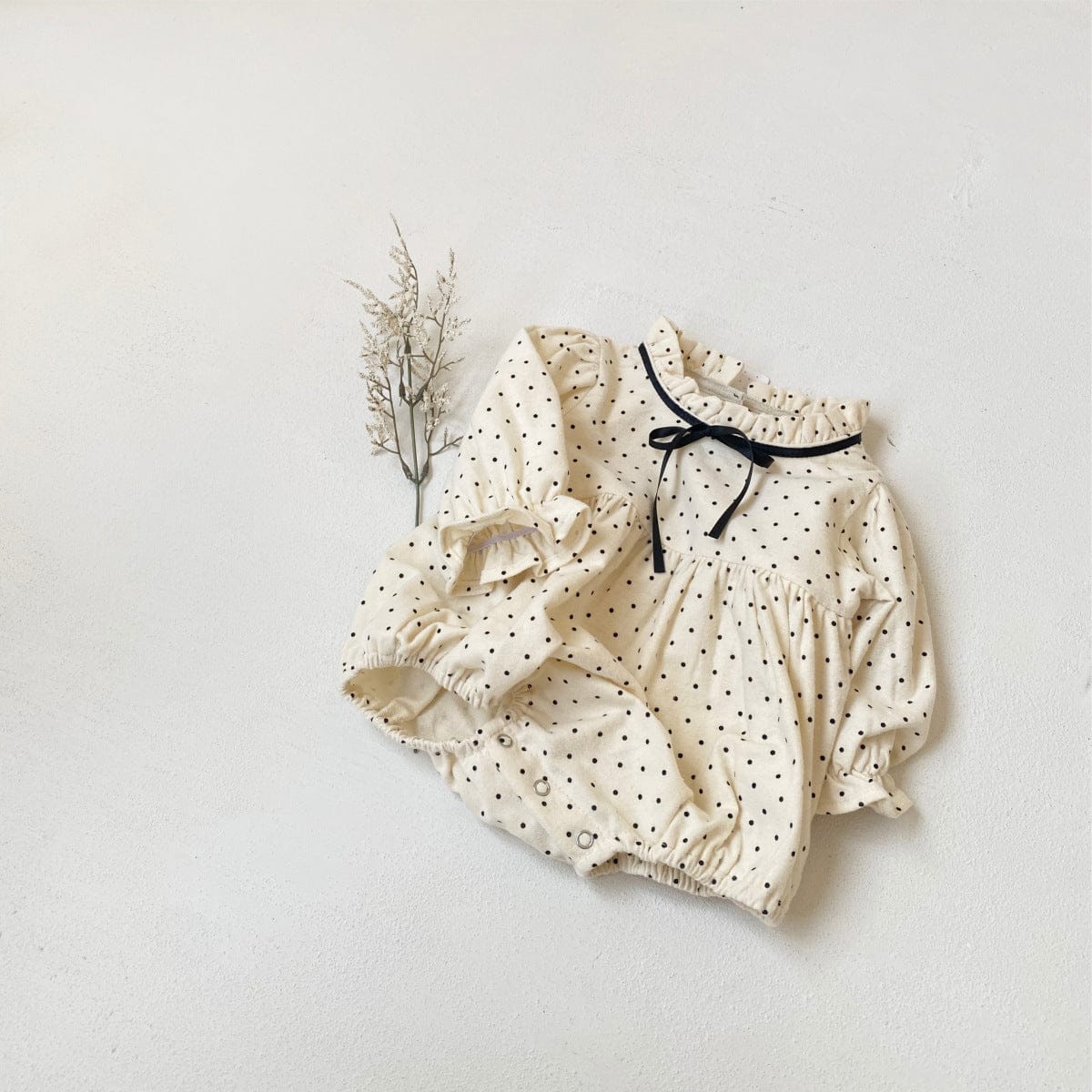 長袖ロンパース Apricot / 66cm 水玉プリントリボン長袖ロンパース【mh0009665】