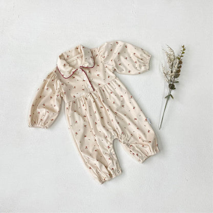 長袖ロンパース Apricot / 66cm フラワープリント丸襟長袖パフスリーブロンパース【mh0009672】