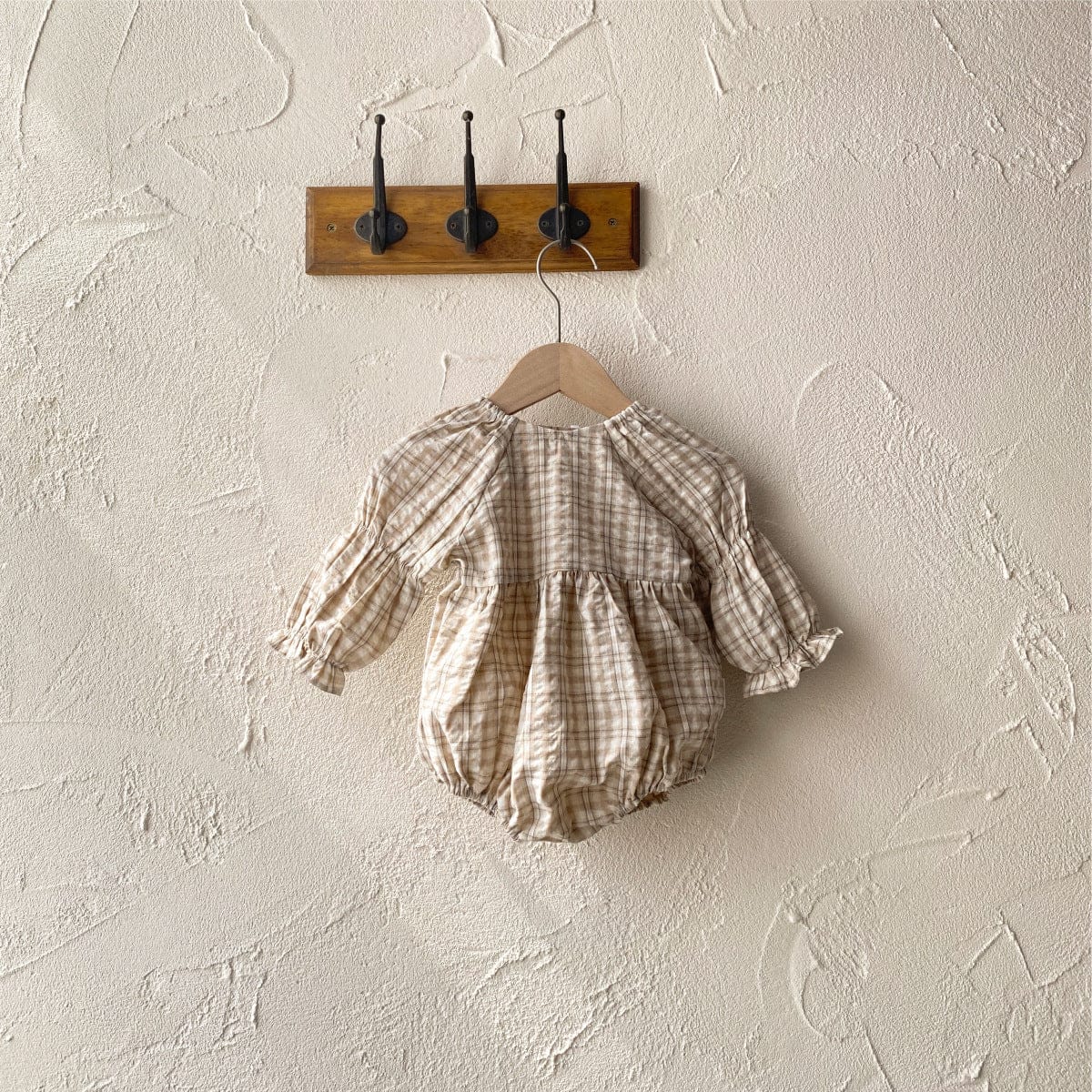 長袖ロンパース Apricot / 66cm レトロチェックベルスリーブ長袖ロンパース【mh0009674】