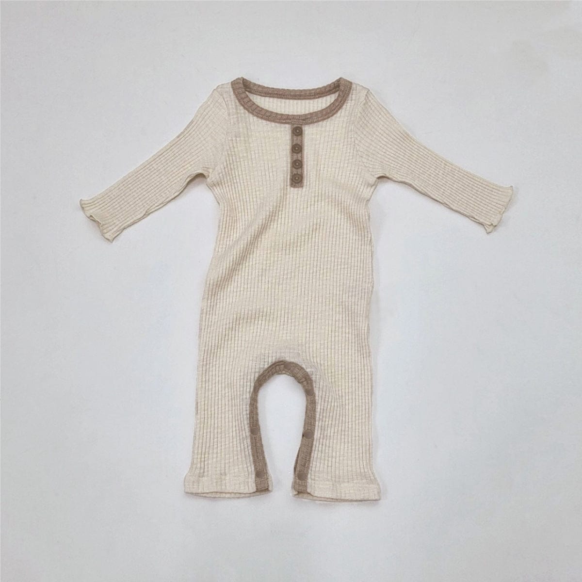 長袖ロンパース Apricot / 66cm リブ編みロンパース 長袖 ヘンリーネック バイカラーパイピング コットンカバーオール【mh0010888】