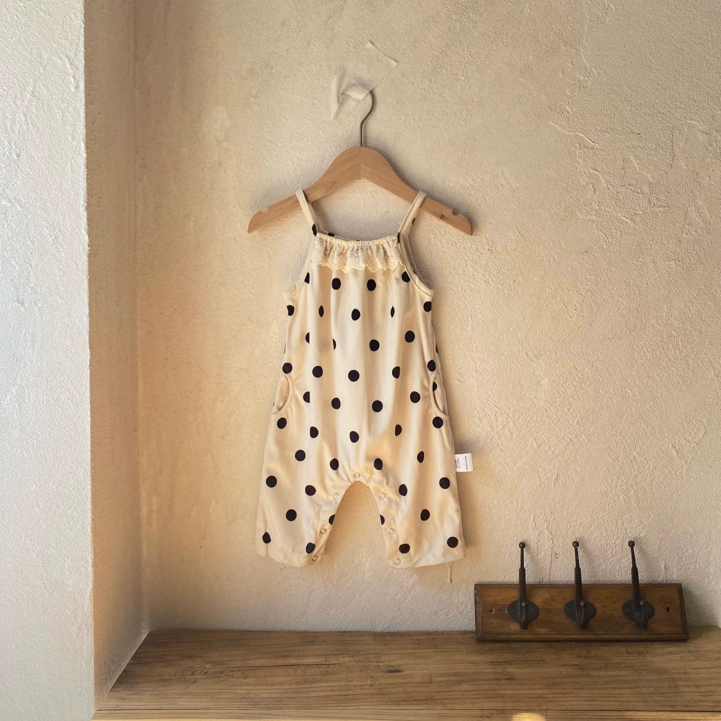 サロペットパンツ・サスペンダーパンツ Apricot / 6M  66CM ベビーサロペット キャミソールジャンプスーツ レースフリル ドット水玉プリント 2カラー【mh0004694】