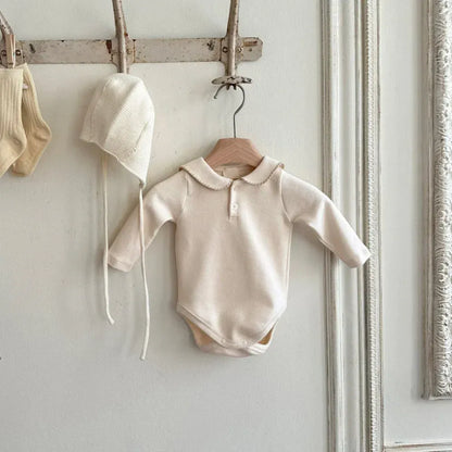 長袖ロンパース Apricot / 6M  66CM ベビーロンパース 縁取り丸襟長袖ボディスーツ 2カラー【mh0007068】