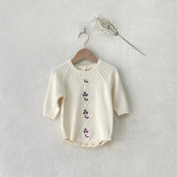 長袖ロンパース Apricot / 6M  66CM ベビーロンパース フラワー刺繍ニット長袖ボディスーツ【mh0007952】