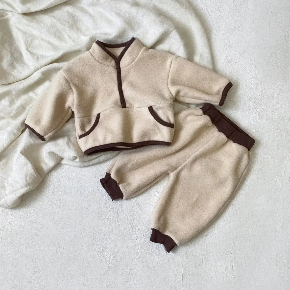 長袖セットアップ Apricot / 73cm 6-9M ベビーセットアップ 2点セット バイピングスタンドカラーフリーストップス+ロングパンツ 2カラー【mh0007603】