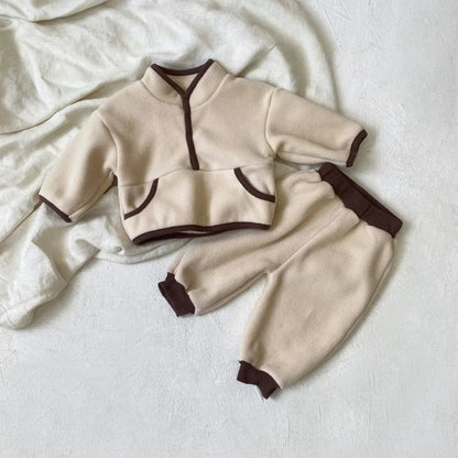 長袖セットアップ Apricot / 73cm 6-9M ベビーセットアップ 2点セット バイピングスタンドカラーフリーストップス+ロングパンツ 2カラー【mh0007603】