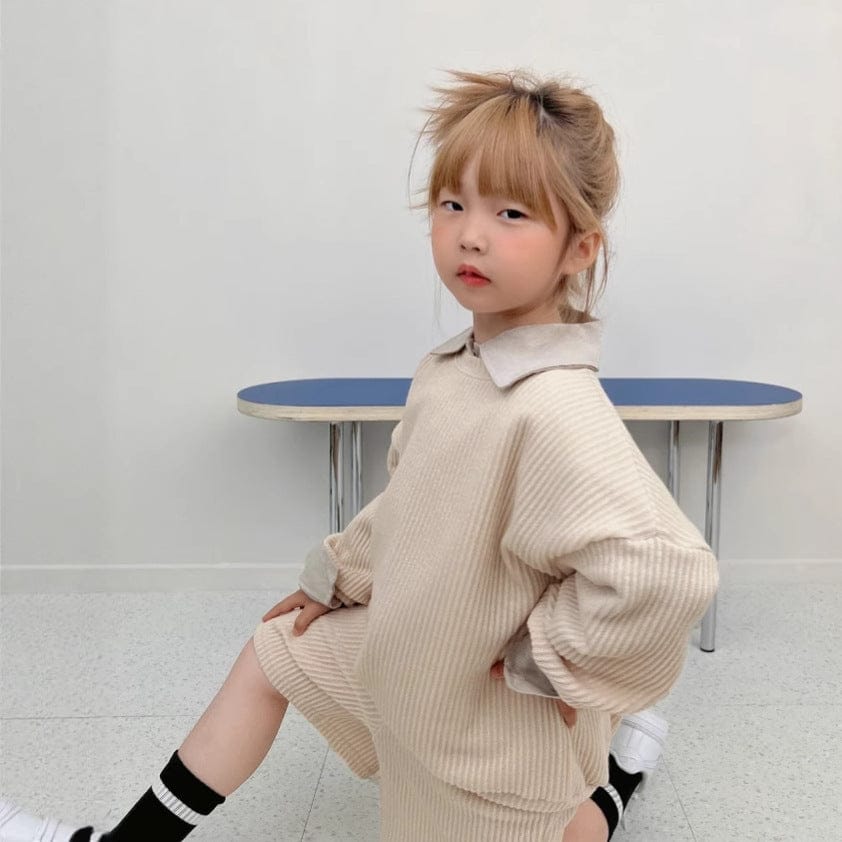 長袖セットアップ Apricot / 90cm 長袖リブニットトップス＋ショートパンツセットアップ 2点セット【mh0011099】