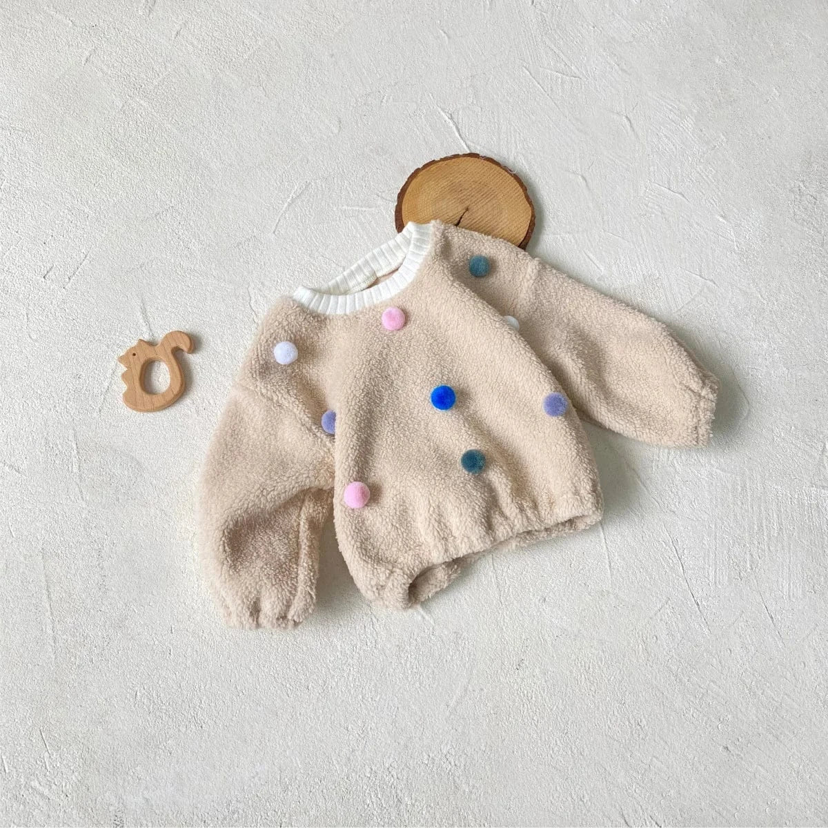 トレーナー・フーディ Apricot / 9M  73CM ベビートップス カラフルぽんぽん水玉ドットボアフリース長袖プルオーバー【mh0008160】