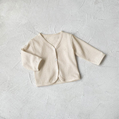 長袖セットアップ Apricot cardigan / 73cm ベビーセットアップ 3点セット ワッフルシンプルカーディガン+キャミソールトップス+ワイドルーズパンツ ルームウェアセット【mh0009038】