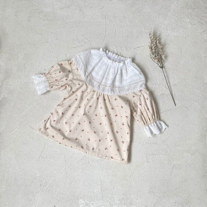 長袖ワンピース Apricot Floral dress / 73cm フラワープリントレースフリル長袖ワンピース 帽子セット【mh0009676】