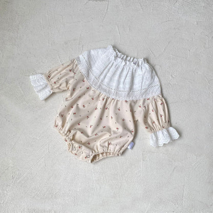 長袖ロンパース Apricot floral onesie / 66cm フラワープリントレースフリル長袖ロンパース 帽子セット【mh0009673】