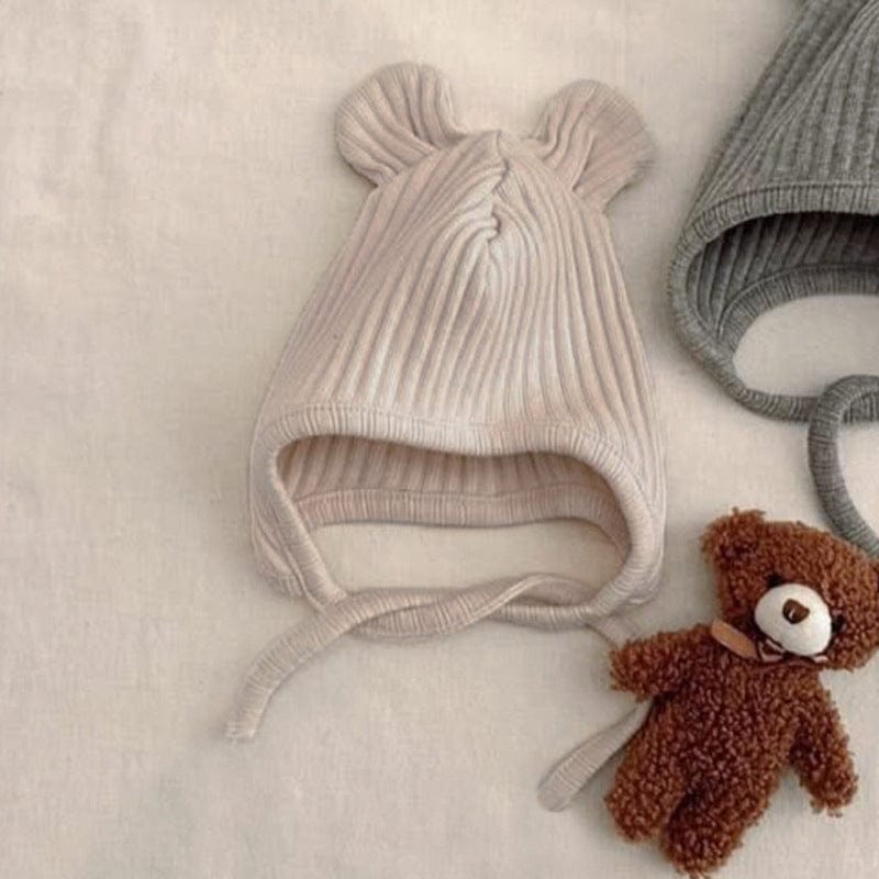 長袖ロンパース Apricot Hat / One Size リブ編みひざパッチ長袖ロンパース+くま耳帽子 2点セット【mh0011137】