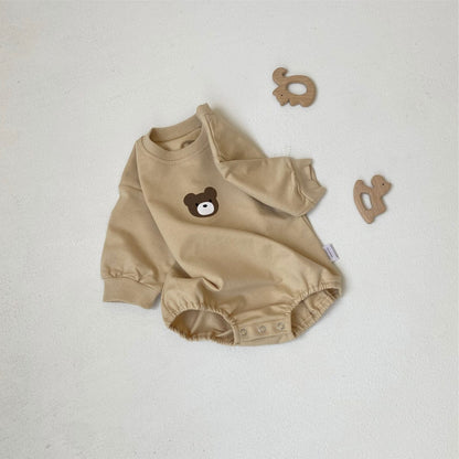 長袖ロンパース Apricot jumpsuit / 66cm ベアくまプリント長袖ロンパース 耳付き帽子セット【mh0009670】