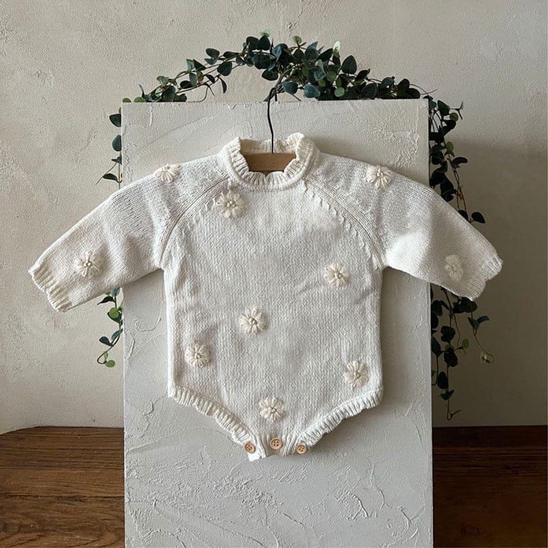 長袖ロンパース Apricot Jumpsuit / 66cm ぷっくり刺繍フラワーニットロンパース メロウ 長袖ベビーカバーオール【mh0010894】