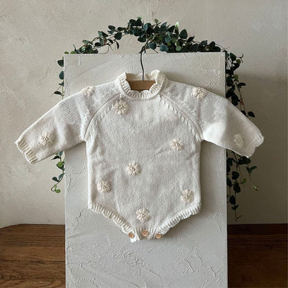 長袖ロンパース Apricot Jumpsuit / 66cm ぷっくり刺繍フラワーニットロンパース メロウ 長袖ベビーカバーオール【mh0010894】