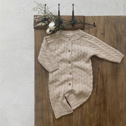 長袖ロンパース apricot romper / 6M  66CM ベビージャンプスーツ+帽子セット アランニットケーブル編み長袖ロンパース+ニットベレー帽【mh0008730】