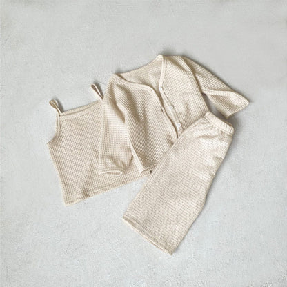 長袖セットアップ Apricot three-piece set (cardigan + vest + pants) / 73cm ベビーセットアップ 3点セット ワッフルシンプルカーディガン+キャミソールトップス+ワイドルーズパンツ ルームウェアセット【mh0009038】