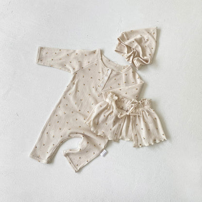 ロンパースセットアップ Apricot three-piece set (jumpsuit + shawl + hat) / 66cm ベビーセットアップ 3点セット 長袖コンビ肌着+ボンネット帽子+フリルショール【mh0009100】