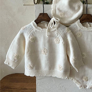 ニット・セーター Apricot Top / 73cm ぷっくり刺繍フラワーニットトップス/ロンパース/ボンネット【mh0010898】