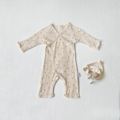 ロンパースセットアップ Apricot two-piece set (jumpsuit + hat) / 66cm ベビーセットアップ 3点セット 長袖コンビ肌着+ボンネット帽子+フリルショール【mh0009100】