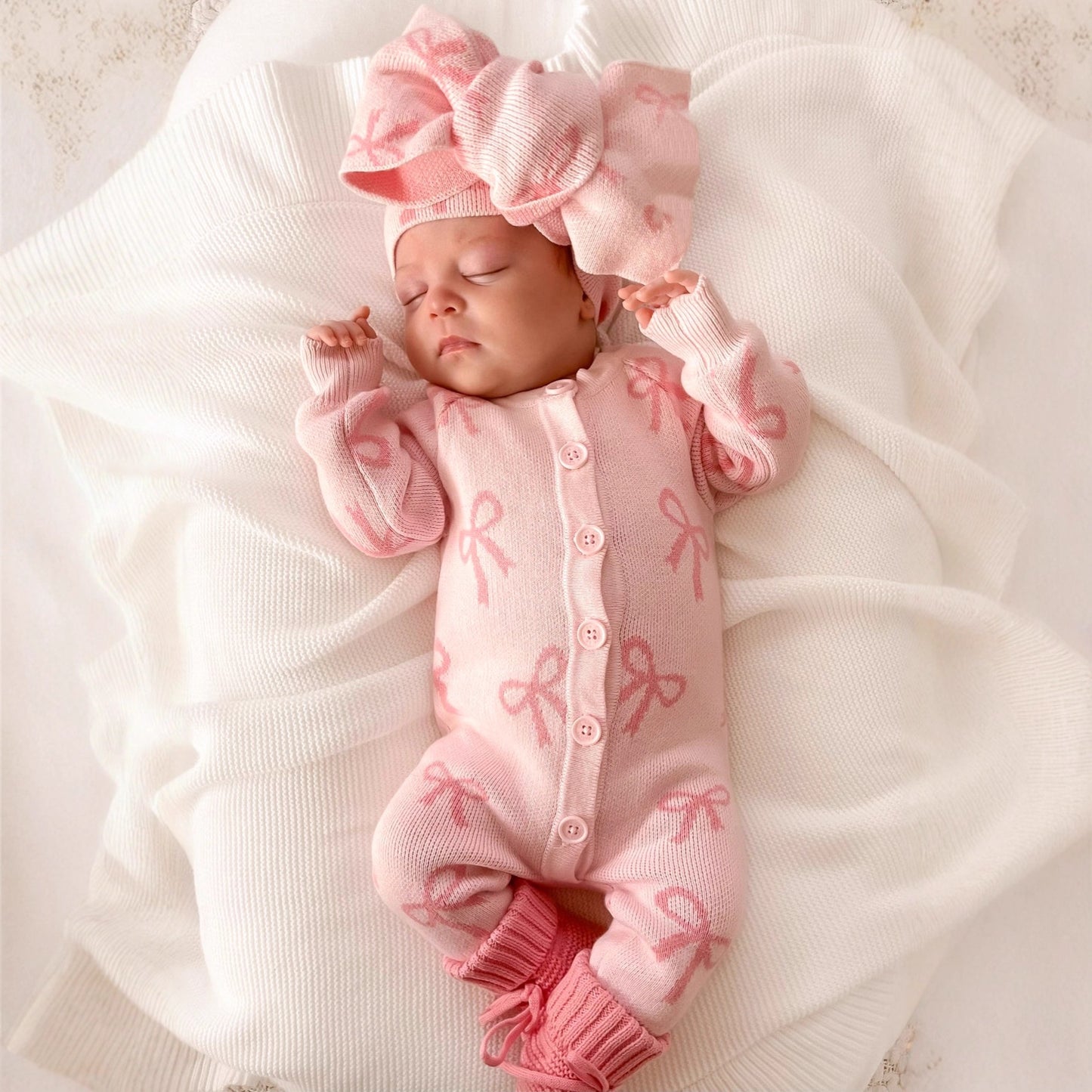 長袖ロンパース Baby Knit Romper Bow Jacquard ジャカードニット リボン ロンパース【mh0011858】