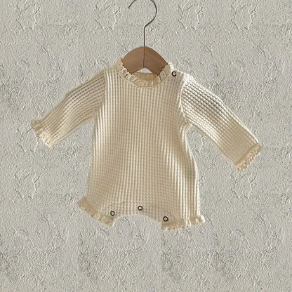 長袖ロンパース beige / 3-6M 66cm ベビーロンパース ボンネットセット ワッフル 長袖ボディスーツ シンプルベーシック 2カラー【mh0006262】