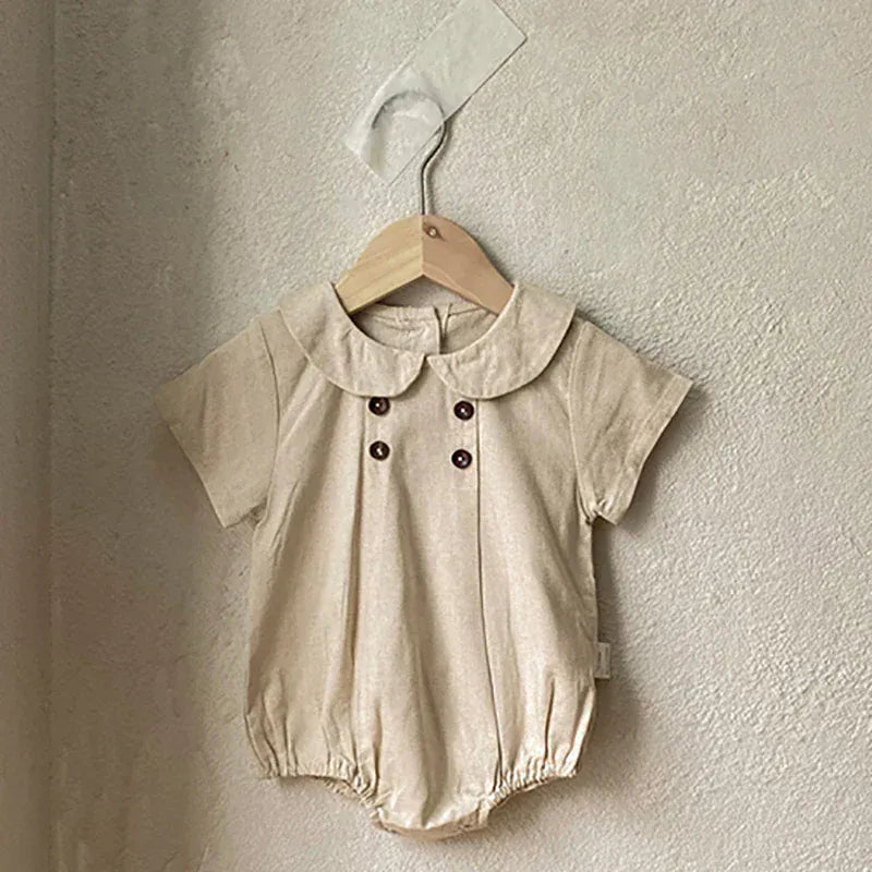 半袖ロンパース Beige / 3-6M 66cm ベビーロンパース 半袖丸襟ボディスーツ 無地/ストライプ 2カラー【mh0006534】