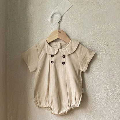 半袖ロンパース Beige / 3-6M 66cm ベビーロンパース 半袖丸襟ボディスーツ 無地/ストライプ 2カラー【mh0006534】