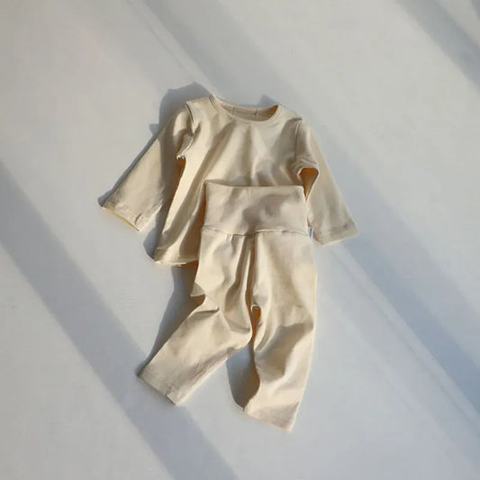 長袖セットアップ Beige / 3-6M 66cm ベビーセットアップ 2点セット 長袖Tシャツ+ハイウェストパンツ シンプルベーシック パジャマ 4カラー【mh0000419】