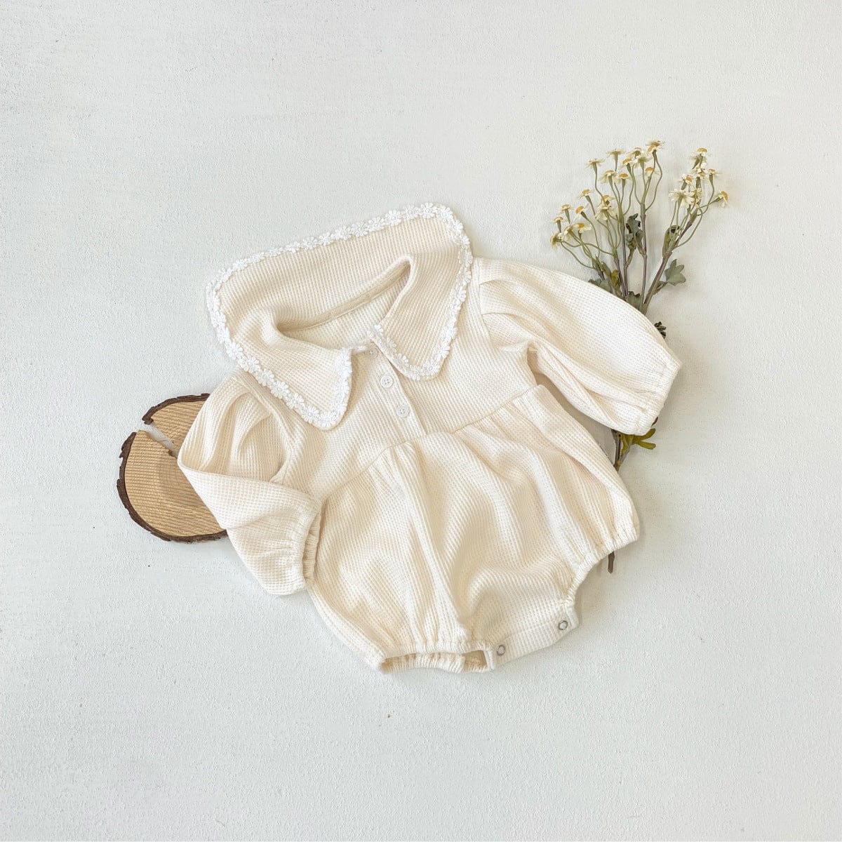 長袖ロンパース Beige / 66cm ベビーロンパース ワッフル襟付き長袖パフスリーブボディスーツ【mh0009031】