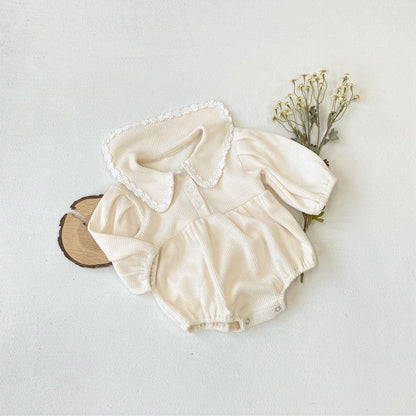 長袖ロンパース Beige / 66cm ベビーロンパース ワッフル襟付き長袖パフスリーブボディスーツ【mh0009031】