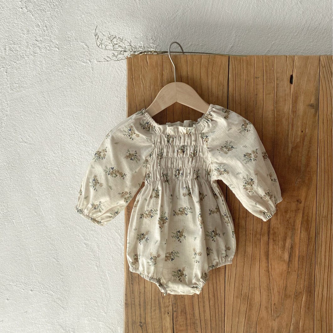 長袖ロンパース Beige / 66cm ベビーロンパース フラワープリント長袖パフスリーブスモックボディスーツ【mh0009039】