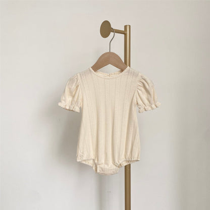 半袖ロンパース Beige / 66cm レースニット半袖パフスリーブロンパース【mh0010205】