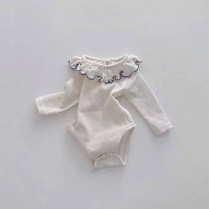 長袖ロンパース Beige / 66cm 長袖ロンパース フリルネック メロウフリル リブ素材 ボディスーツ【mh0011362】