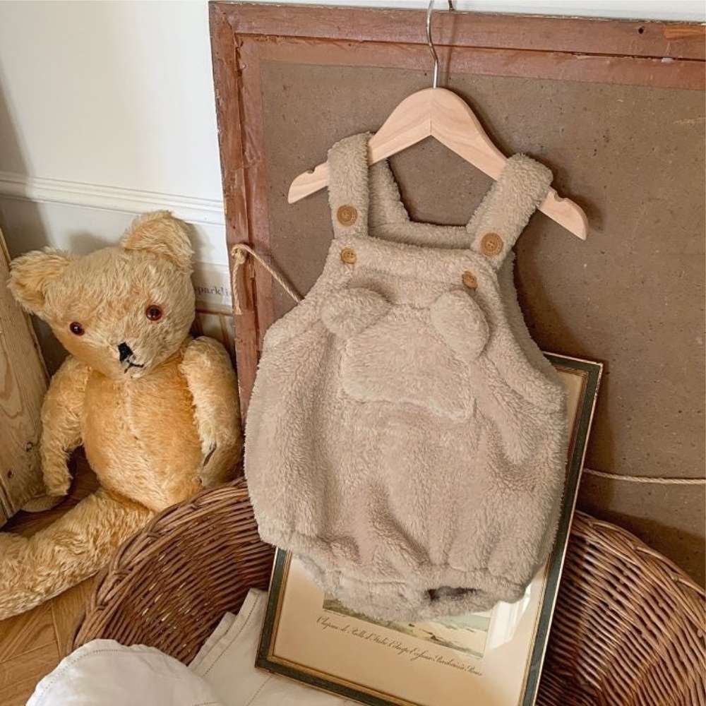 ノースリーブロンパース Beige / 66cm サスペンダーロンパース | くま耳もこもこポケット | ボアオーバーオール【mh0011503】