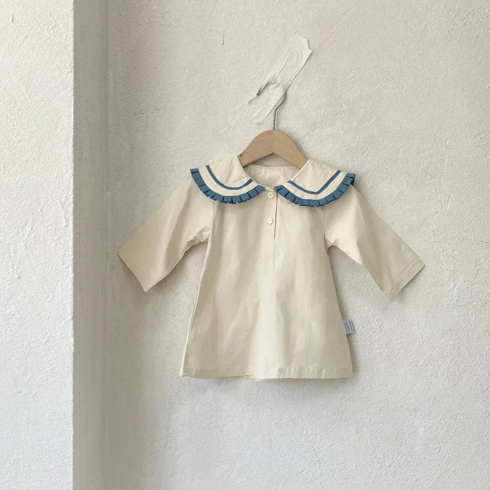 長袖ワンピース Beige / 73cm 6-9M ベビーキッズワンピース マリンセーラーカラー長袖ワンピース 2カラー【mh0007299】