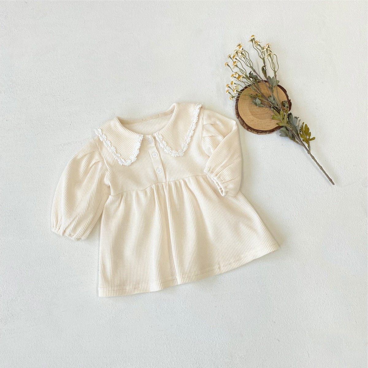 長袖ワンピース Beige / 73cm ベビーワンピース ワッフル襟付き長袖パフスリーブワンピース【mh0009028】