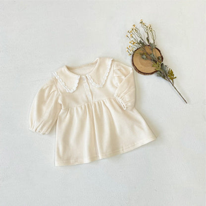 長袖ワンピース Beige / 73cm ベビーワンピース ワッフル襟付き長袖パフスリーブワンピース【mh0009028】