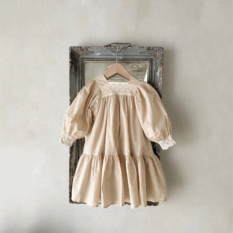 長袖ワンピース Beige / 80cm キッズ レース スクエアネック 長袖 ワンピース ガールズ【mh0002443】