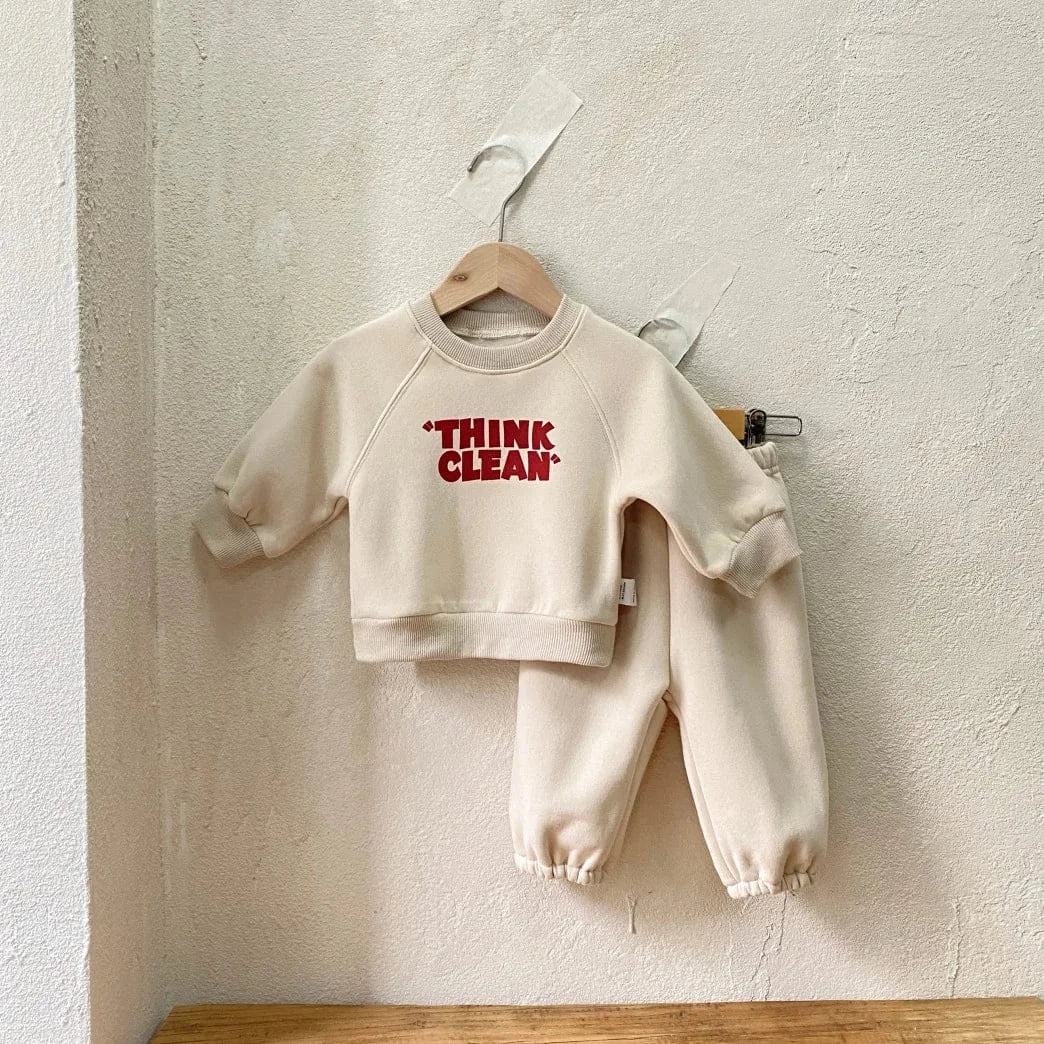 長袖セットアップ Beige / 9M  73CM ベビーセットアップ THINK CLAEAN レターロゴプリントスウェットシャツ+スウェットパンツ 2カラー【mh0007236】