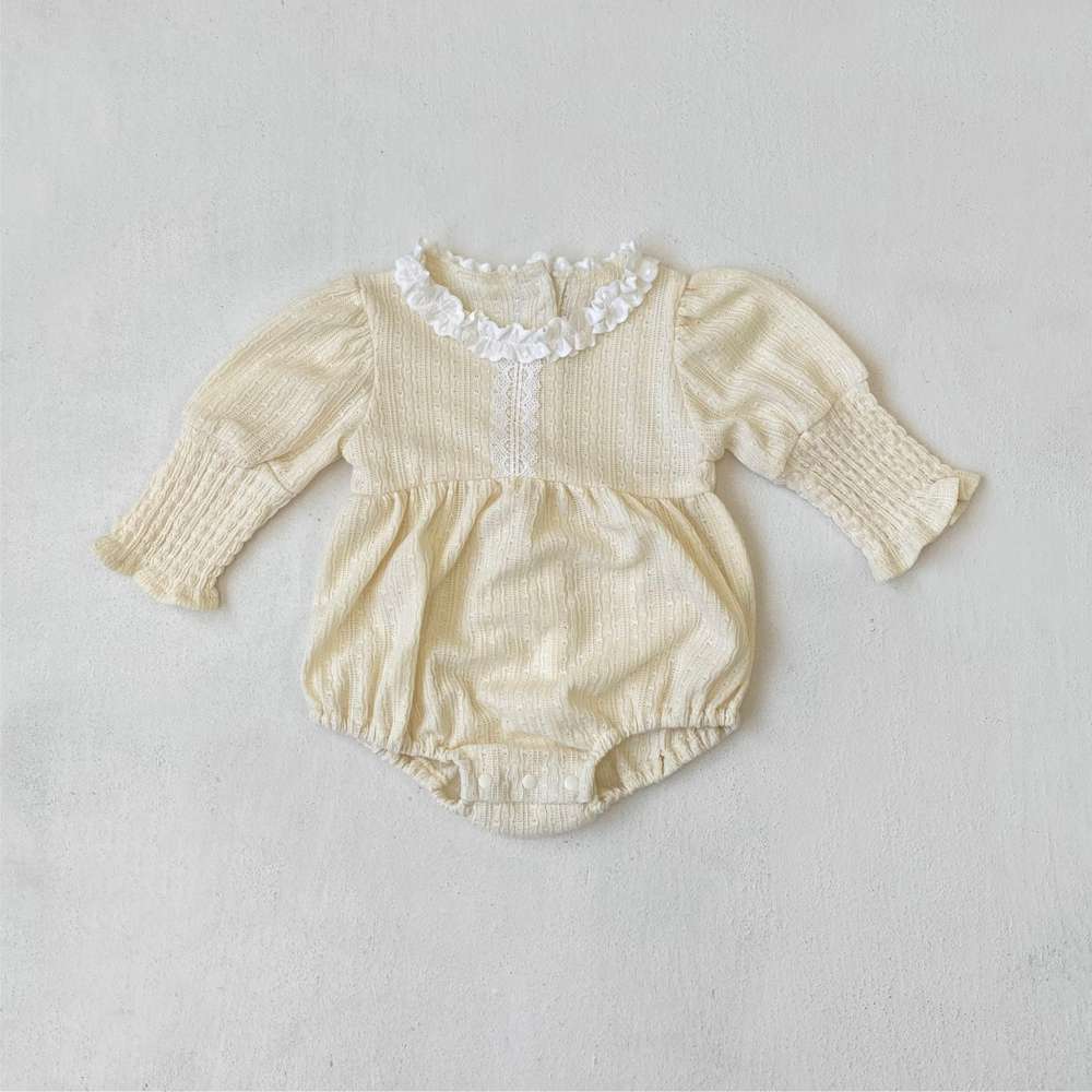 長袖ロンパース Beige Apricot / 66cm 長袖フリル襟ロンパース | レース花柄ジャガード | バルーンスリーブベビー服【mh0011491】