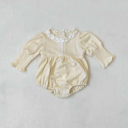 長袖ロンパース Beige Apricot / 66cm 長袖フリル襟ロンパース | レース花柄ジャガード | バルーンスリーブベビー服【mh0011491】
