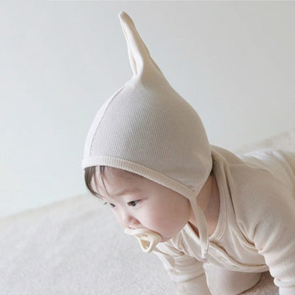 長袖ロンパース Beige Apricot Hat / One Size とんがり帽子ロンパースセット ヘンリーネック リブ編み コットンカバーオール 2点セット【mh0010889】