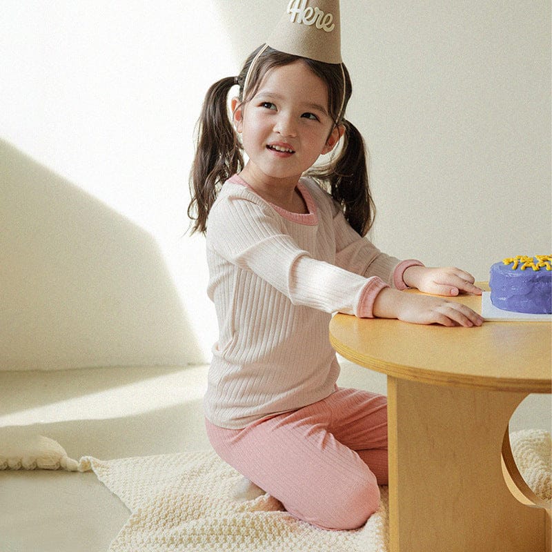 長袖パジャマ Beige apricot + pink loungewear set / 73cm カラフルリブ長袖パジャマセットアップ 2点セット【mh0011103】