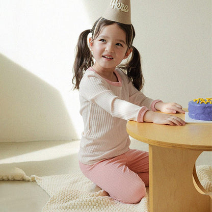 長袖パジャマ Beige apricot + pink loungewear set / 73cm カラフルリブ長袖パジャマセットアップ 2点セット【mh0011103】