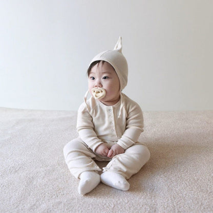 長袖ロンパース Beige Apricot Set (Jumpsuit + Hat) / 66cm とんがり帽子ロンパースセット ヘンリーネック リブ編み コットンカバーオール 2点セット【mh0010889】