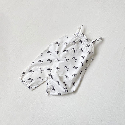 ノースリーブジャンプスーツ Beige bib / 66cm リボンプリントキャミソールジャンプスーツ+チューリップハット帽子セット【mh0010006】