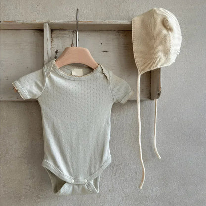 半袖ロンパース Beige Gray / 66cm 0-6m ベビーロンパース レースニット 半袖ボディスーツ 肌着 3カラー【mh0005072】