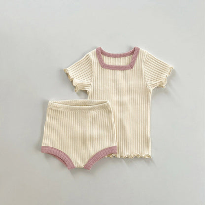 半袖セットアップ Beige suit / 66cm スクエアネック半袖Tシャツ+ブルマパンツ+リボンヘアバンドセットアップ 3点セット【mh0010007】