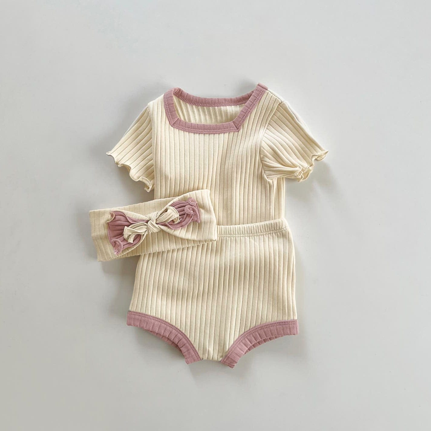 半袖セットアップ Beige suit + headband / 66cm スクエアネック半袖Tシャツ+ブルマパンツ+リボンヘアバンドセットアップ 3点セット【mh0010007】