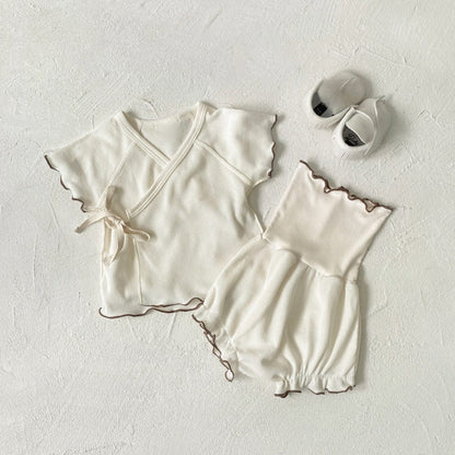 半袖セットアップ Beige Suit (Top + High-waisted Pants 2-Piece Set) / 66cm メロウフリルワッフル半袖肌着+ハイウエストパンツ/とんがりキャップ帽子【mh0009992】